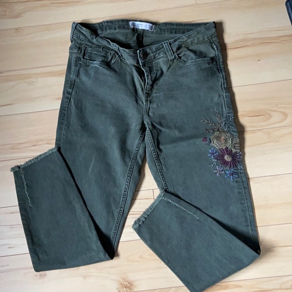 Zara embroidered dark green denim
